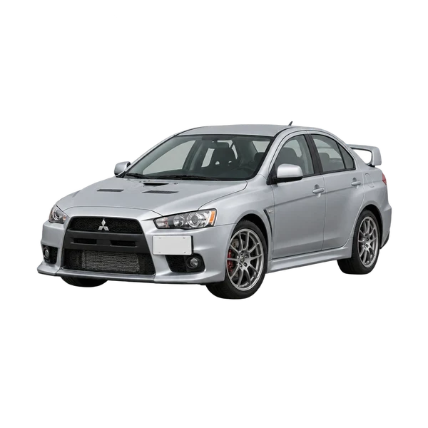 Mitsubishi Lancer Evolution 2010 en plateado, vista frontal tres cuartos (hacia la izquierda)
