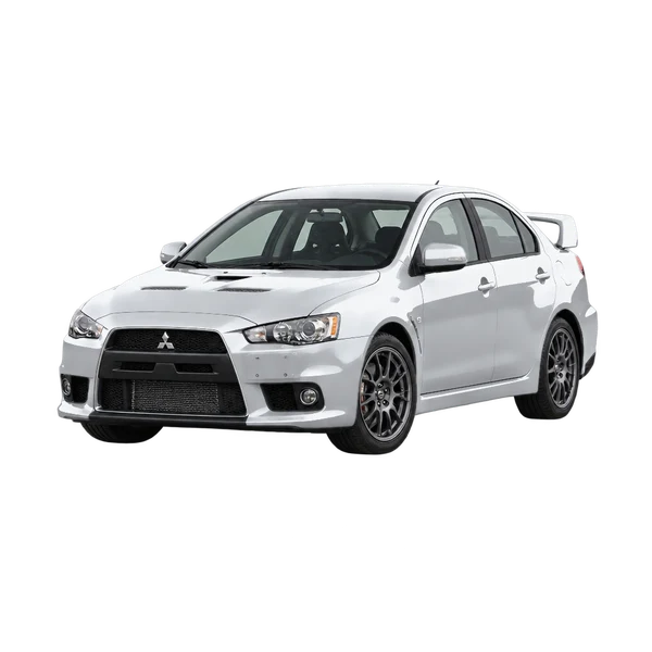 silver 2013 Mitsubishi Lancer Evolution front three-quarter (facing left) view