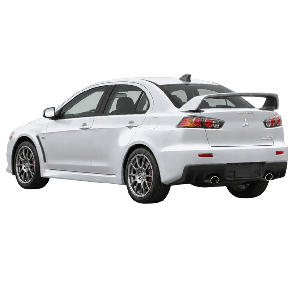 Mitsubishi Lancer Evolution 2013 en plateado, vista tres cuartos trasero (mirando a la izquierda)