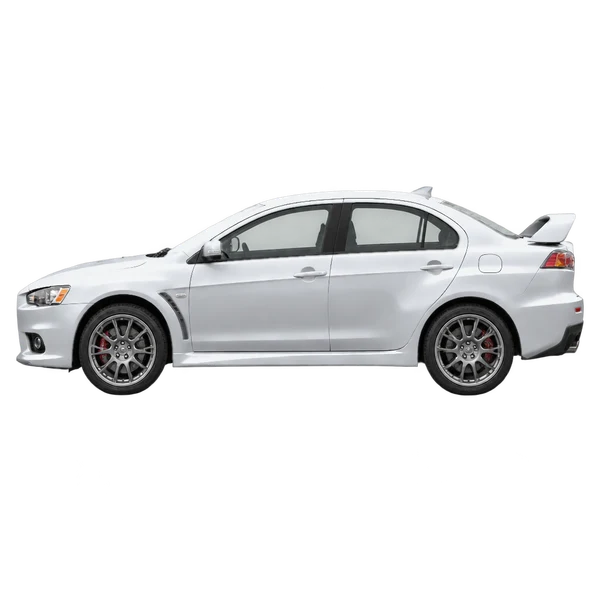 Mitsubishi Lancer Evolution 2013 en plateado, vista lateral (mirando a la izquierda)