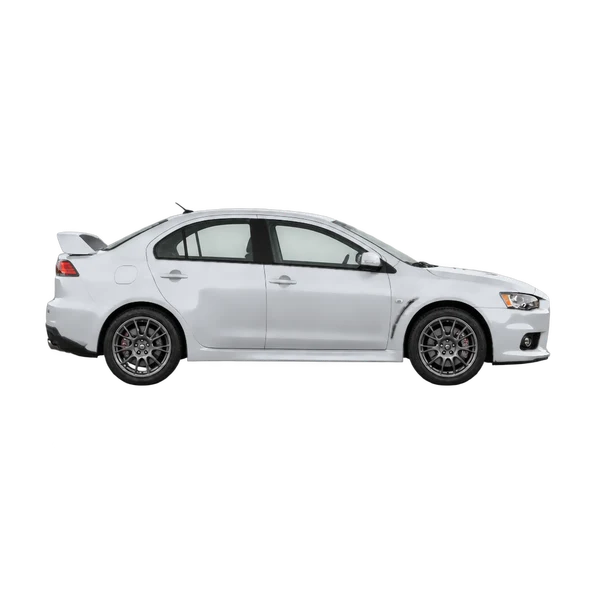 Mitsubishi Lancer Evolution 2013 en plateado, vista lateral (hacia la derecha)