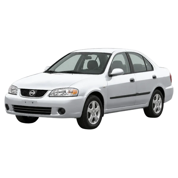 Nissan Almera 2001 prata, vista dianteira em três quartos (voltada para a esquerda)