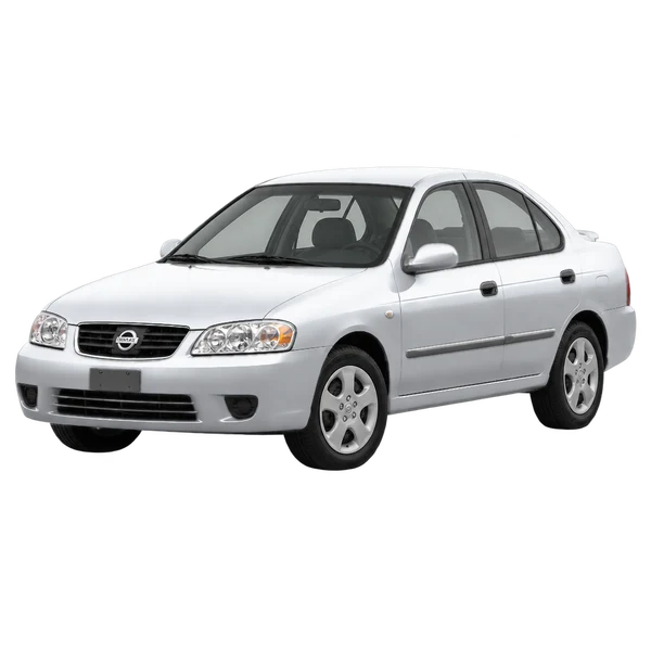 Nissan Almera 2002 prata, vista dianteira em três quartos (voltada para a esquerda)