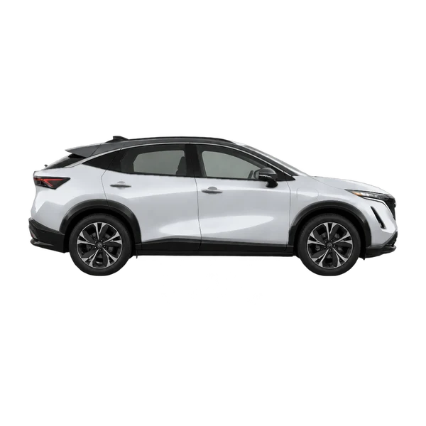 Nissan Ariya 2026 باللون فضي، منظر منظر جانبي (باتجاه اليمين)