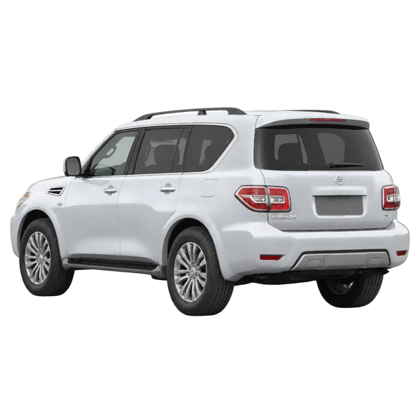 Nissan Armada 2021 باللون فضي، منظر ثلاثة أرباع خلفي (باتجاه اليسار)