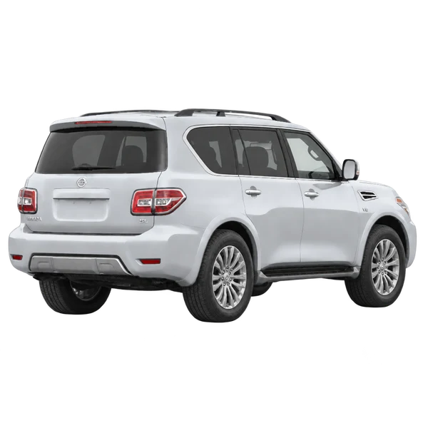 Nissan Armada 2021 باللون فضي، منظر منظر خلفي بزاوية ثلاثة أرباع (باتجاه اليمين)