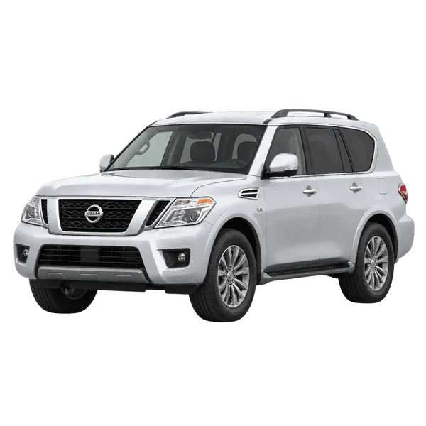 Nissan Armada 2024 باللون فضي، منظر منظر أمامي بزاوية ثلاثة أرباع (متجه لليسار)