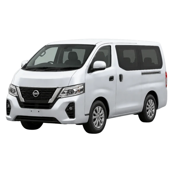 Nissan Caravan 2026 argent, vue trois-quarts avant (orienté vers la gauche)