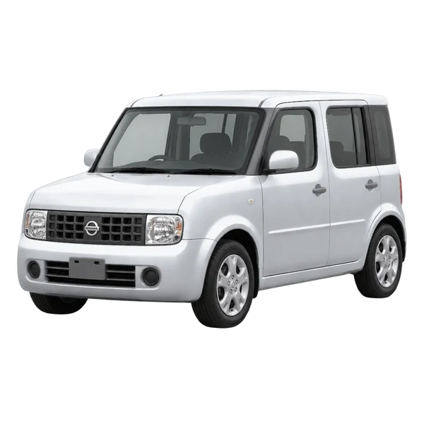 Nissan Cube 1999 prata, vista dianteira em três quartos (voltada para a esquerda)