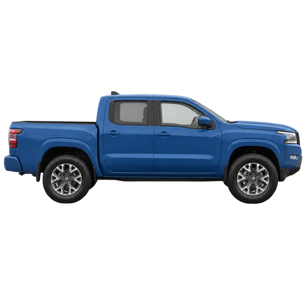 Nissan Frontier 2024 azul, vista lateral (voltada para a direita)