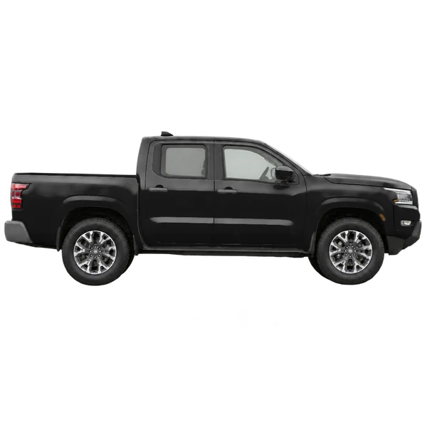 Nissan Frontier 2025 preto, vista lateral (voltada para a direita)