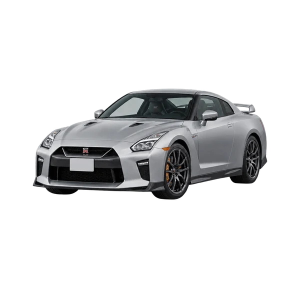 silver 2025 Nissan GT-R front three-quarter (facing left) view