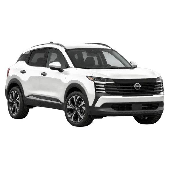 Nissan Kicks 2025 branco, vista dianteira em três quartos (voltada para a esquerda)