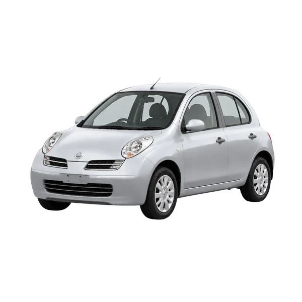 Nissan March 2004 prata, vista dianteira em três quartos (voltada para a esquerda)