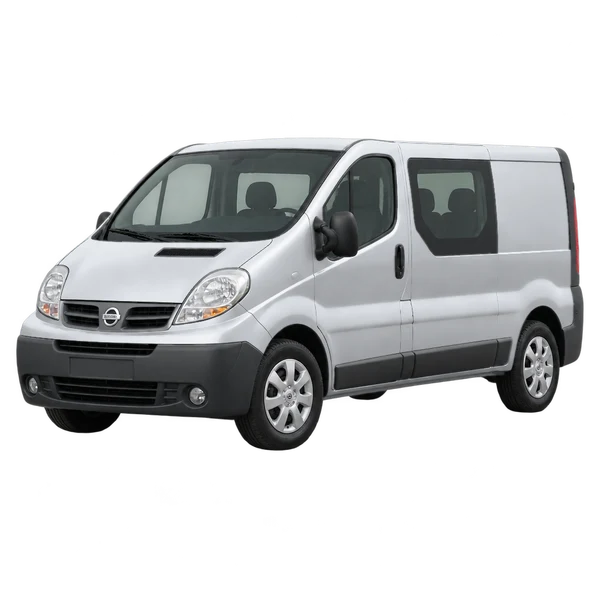 Nissan Primastar 2004 prata, vista dianteira em três quartos (voltada para a esquerda)