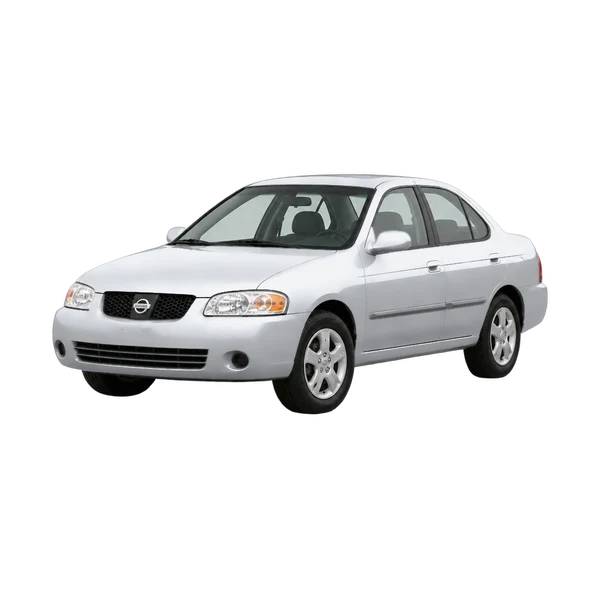 Nissan Sentra 2002 باللون فضي، منظر منظر أمامي بزاوية ثلاثة أرباع (متجه لليسار)