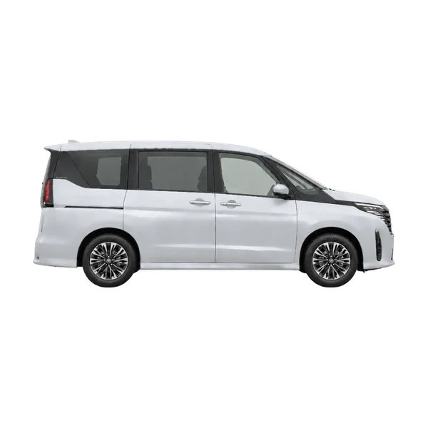 Nissan Serena 2026 en plateado, vista lateral (hacia la derecha)
