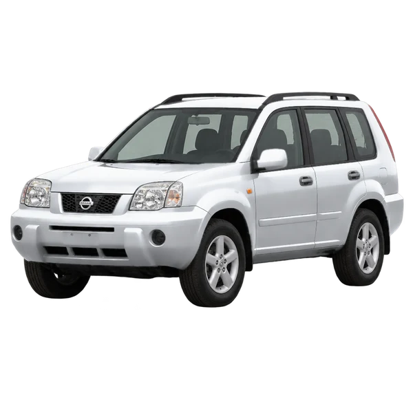 Nissan X-Trail 2001 prata, vista dianteira em três quartos (voltada para a esquerda)