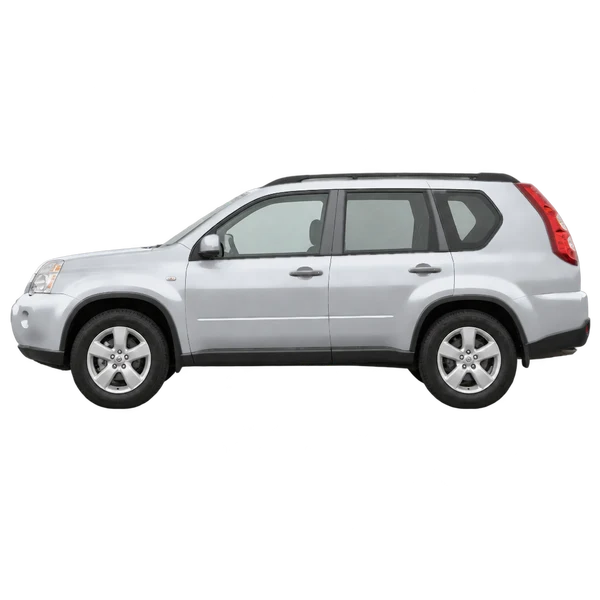 Nissan X-Trail 2009 باللون فضي، منظر جانبي (متجه إلى اليسار)