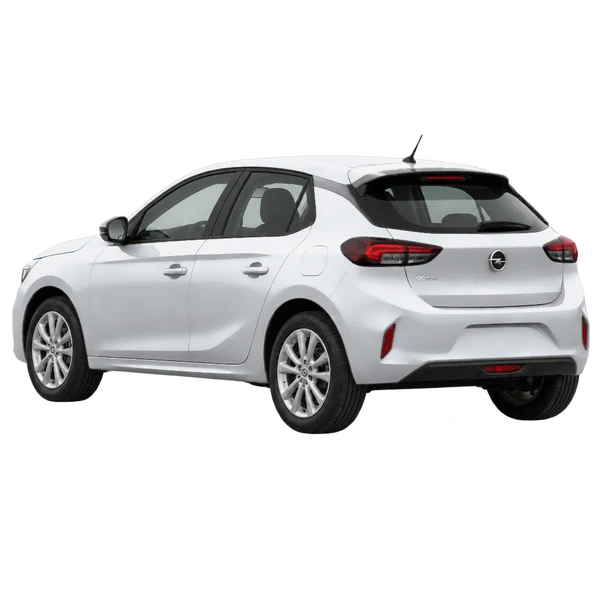 Opel Corsa-E 2025 باللون فضي، منظر ثلاثة أرباع خلفي (باتجاه اليسار)