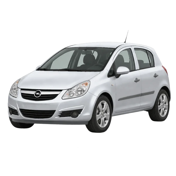 Opel Corsa 2008 باللون فضي، منظر منظر أمامي بزاوية ثلاثة أرباع (متجه لليسار)