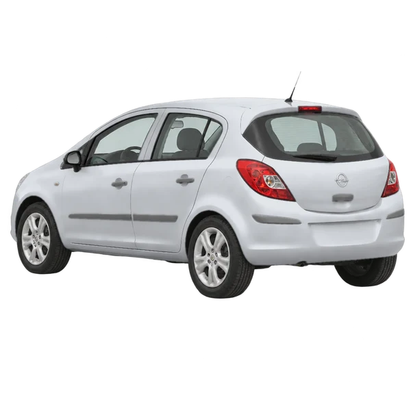 Opel Corsa 2008 باللون فضي، منظر ثلاثة أرباع خلفي (باتجاه اليسار)