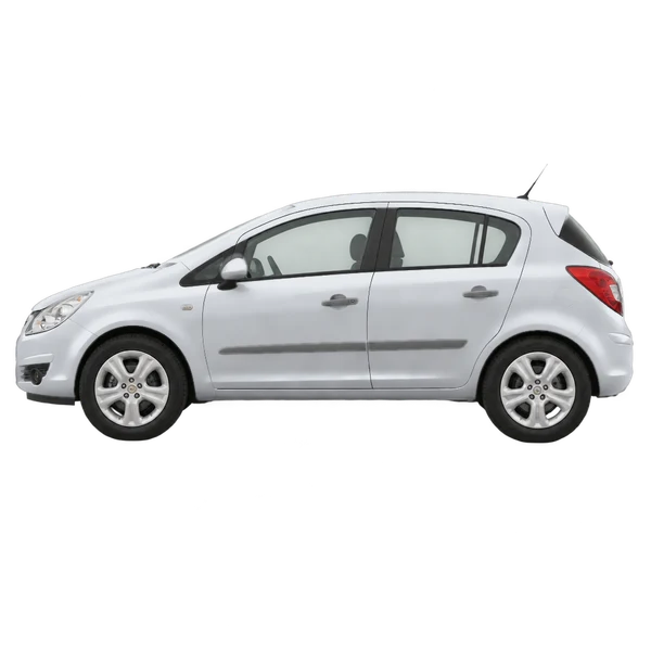 Opel Corsa 2008 باللون فضي، منظر جانبي (متجه إلى اليسار)