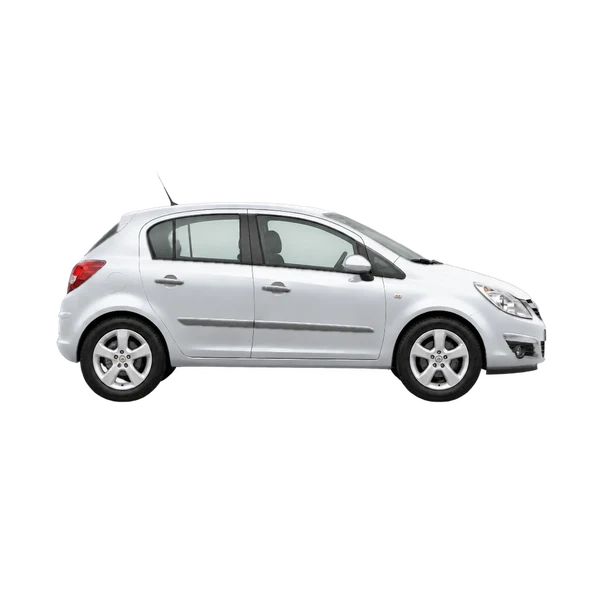 Opel Corsa 2008 باللون فضي، منظر منظر جانبي (باتجاه اليمين)