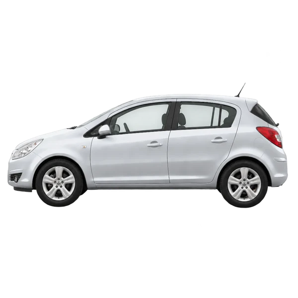 Opel Corsa 2010 باللون فضي، منظر جانبي (متجه إلى اليسار)