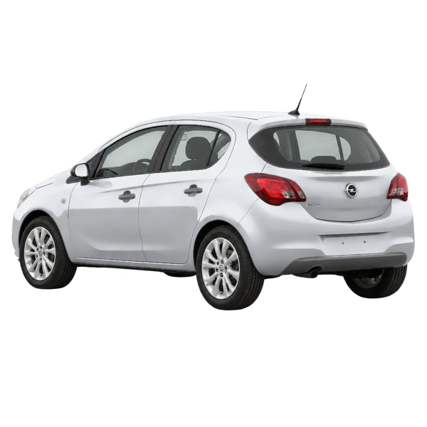 Opel Corsa 2018 باللون فضي، منظر ثلاثة أرباع خلفي (باتجاه اليسار)