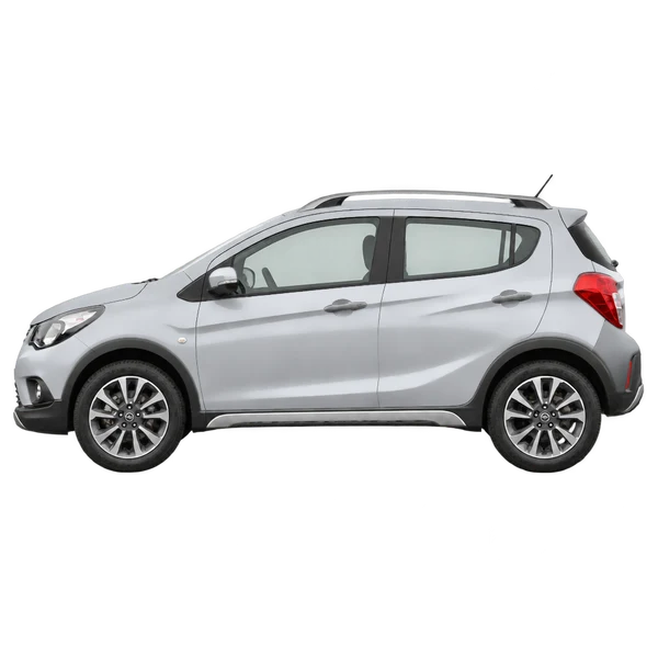 Opel Karl Rocks 2019 باللون فضي، منظر جانبي (متجه إلى اليسار)