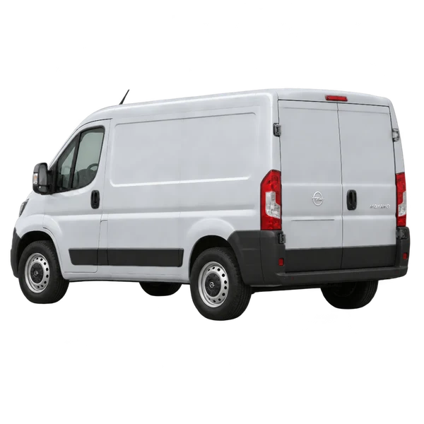 Opel Movano-E 2025 باللون فضي، منظر ثلاثة أرباع خلفي (باتجاه اليسار)