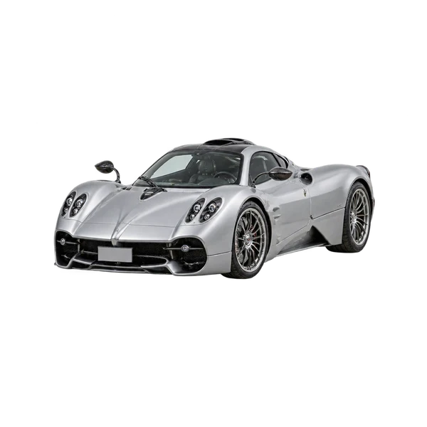Pagani Utopia 2025 باللون فضي، منظر منظر أمامي بزاوية ثلاثة أرباع (متجه لليسار)