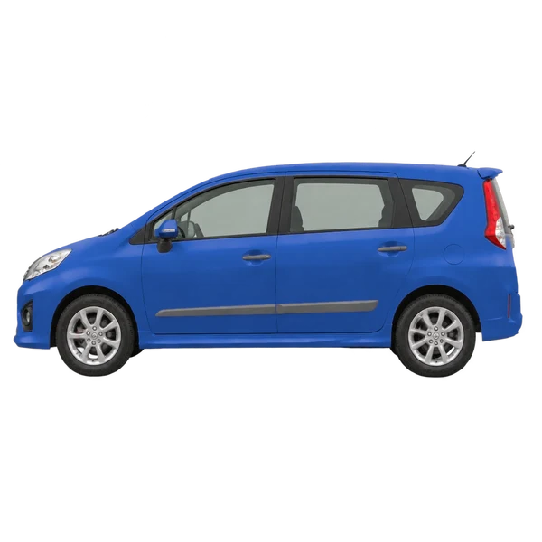 Perodua Alza 2018 azul, vista lateral (voltada para a esquerda)