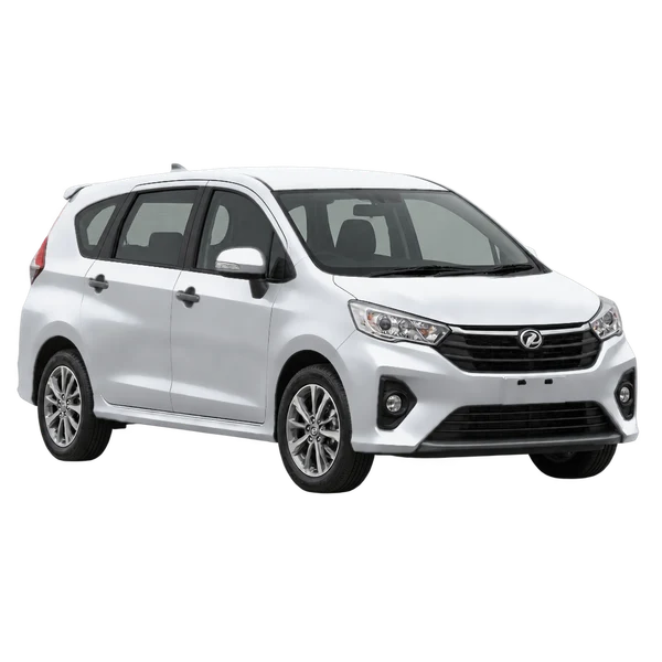 Perodua Alza 2020 prata, vista dianteira em três quartos (voltada para a esquerda)