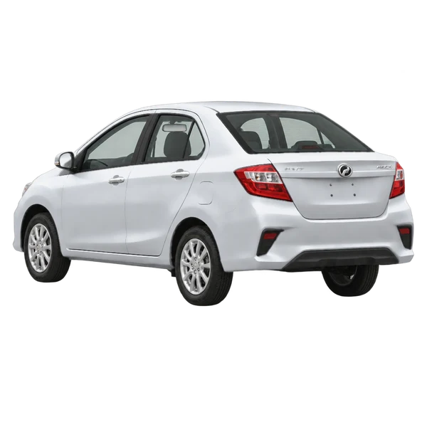 Perodua Bezza 2020 باللون فضي، منظر ثلاثة أرباع خلفي (باتجاه اليسار)