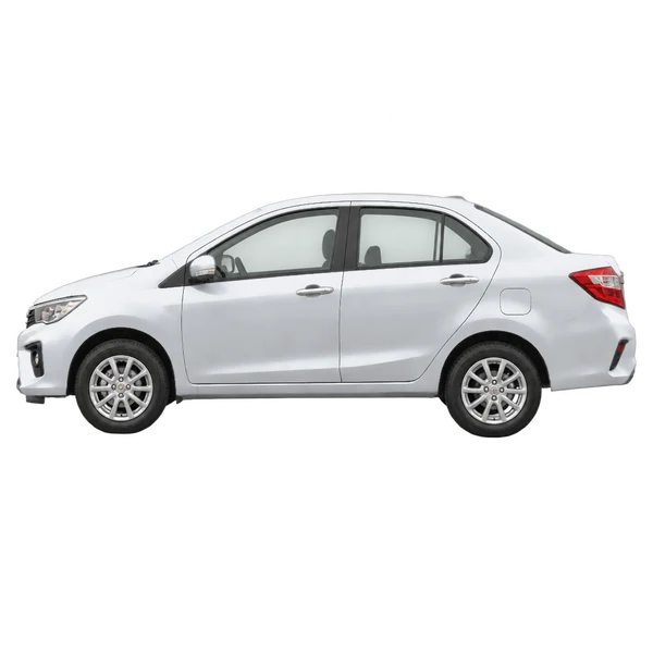 Perodua Bezza 2020 باللون فضي، منظر جانبي (متجه إلى اليسار)
