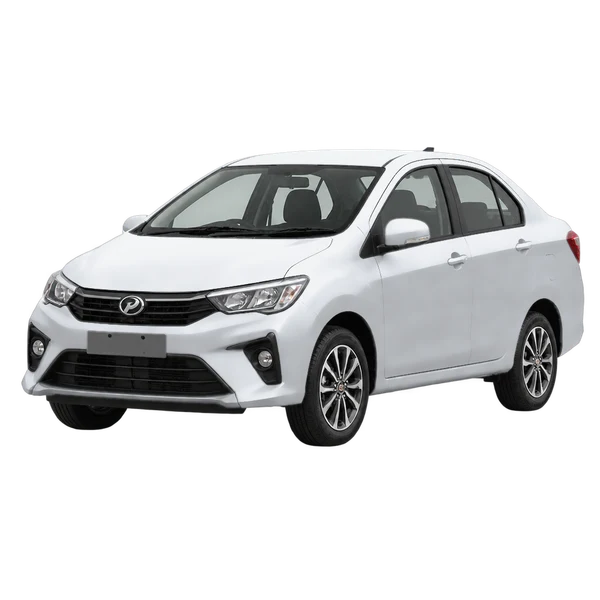 Perodua Bezza 2025 باللون فضي، منظر منظر أمامي بزاوية ثلاثة أرباع (متجه لليسار)