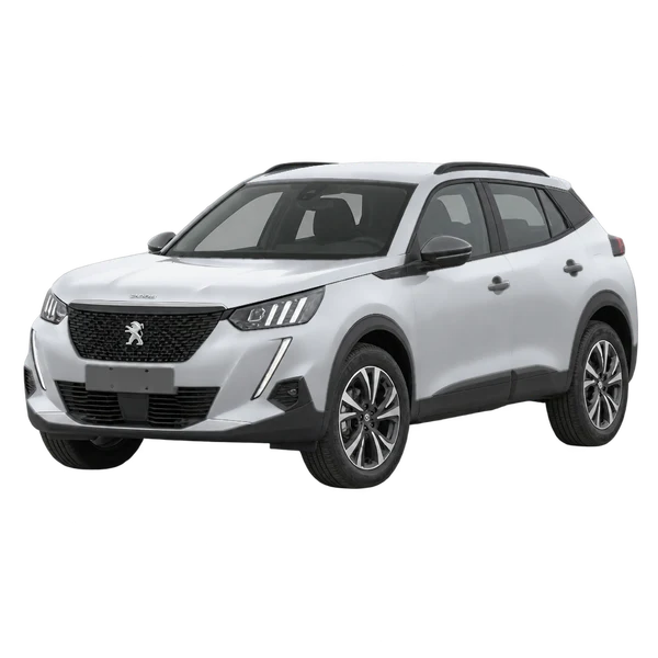 Peugeot 2008 2021 باللون فضي، منظر منظر أمامي بزاوية ثلاثة أرباع (متجه لليسار)