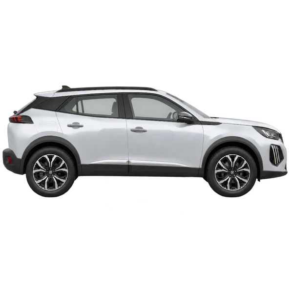 Peugeot 2008 2024 باللون فضي، منظر منظر جانبي (باتجاه اليمين)