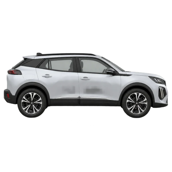 Peugeot 2008 2025 باللون فضي، منظر منظر جانبي (باتجاه اليمين)