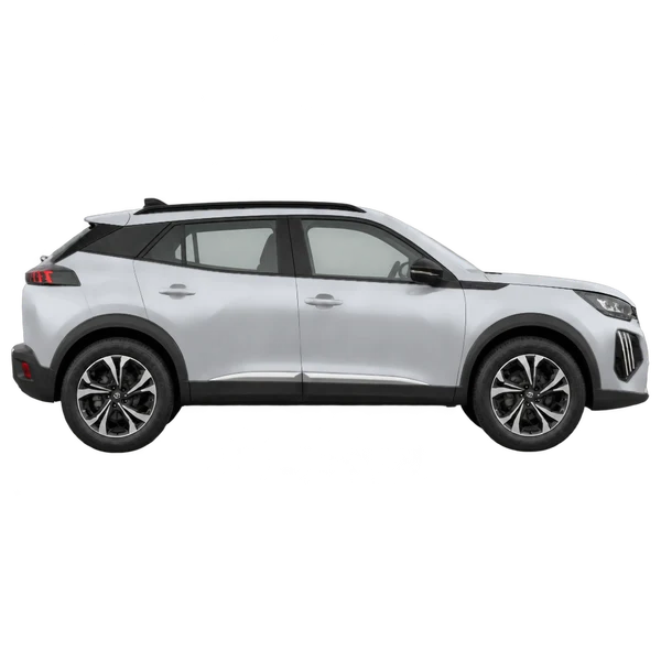 Peugeot 2008 2026 باللون فضي، منظر منظر جانبي (باتجاه اليمين)
