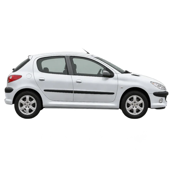 Peugeot 206 2012 باللون فضي، منظر منظر جانبي (باتجاه اليمين)
