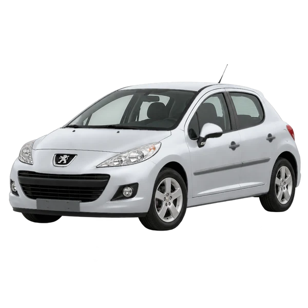 Peugeot 207 2011 باللون فضي، منظر منظر أمامي بزاوية ثلاثة أرباع (متجه لليسار)