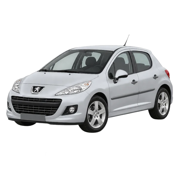 Peugeot 207 2012 باللون فضي، منظر منظر أمامي بزاوية ثلاثة أرباع (متجه لليسار)