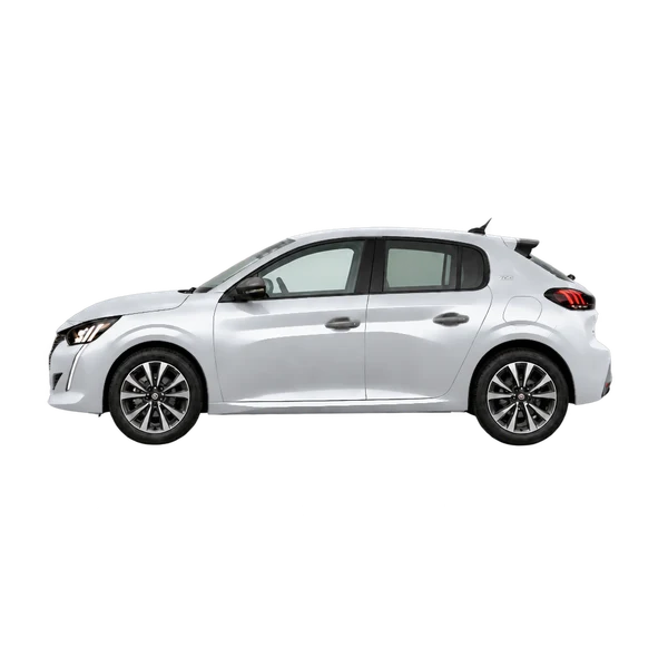 Peugeot 208 2022 en plateado, vista lateral (hacia la derecha)