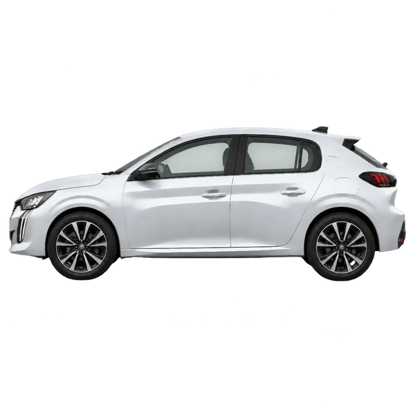 Peugeot 208 2024 باللون فضي، منظر جانبي (متجه إلى اليسار)