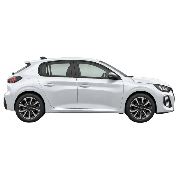 Peugeot 208 2026 en plateado, vista lateral (hacia la derecha)