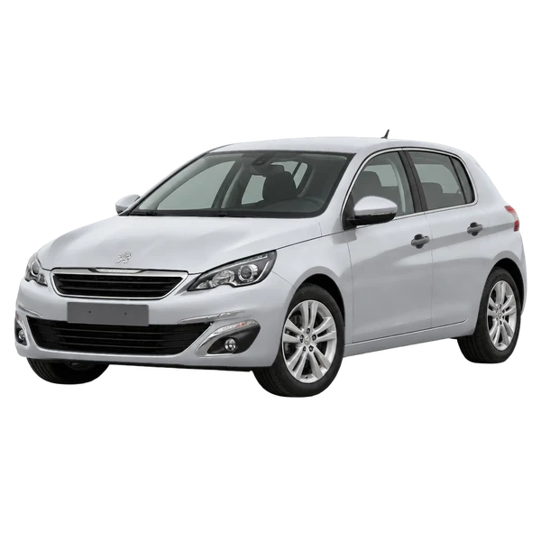 Peugeot 308 2014 باللون فضي، منظر منظر أمامي بزاوية ثلاثة أرباع (متجه لليسار)