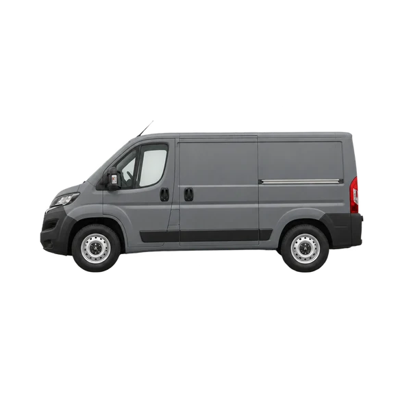 Peugeot Boxer 2022 باللون رمادي، منظر جانبي (متجه إلى اليسار)
